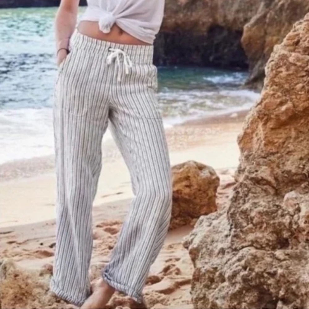 Athleta Women’s 100 % Linen Cabo Stripped Drawstring Wide Leg Pant Pocket Sz 5/6